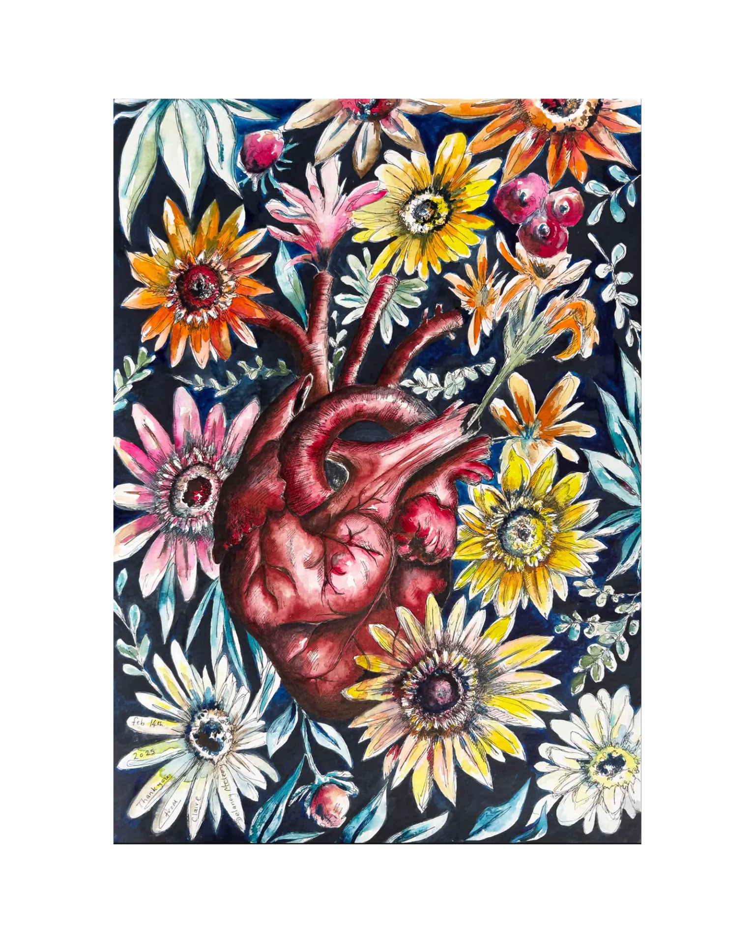 Art from the Heart limited edition A3 print of an anatomical heart surrounded by flowers, signed and dated by Claire