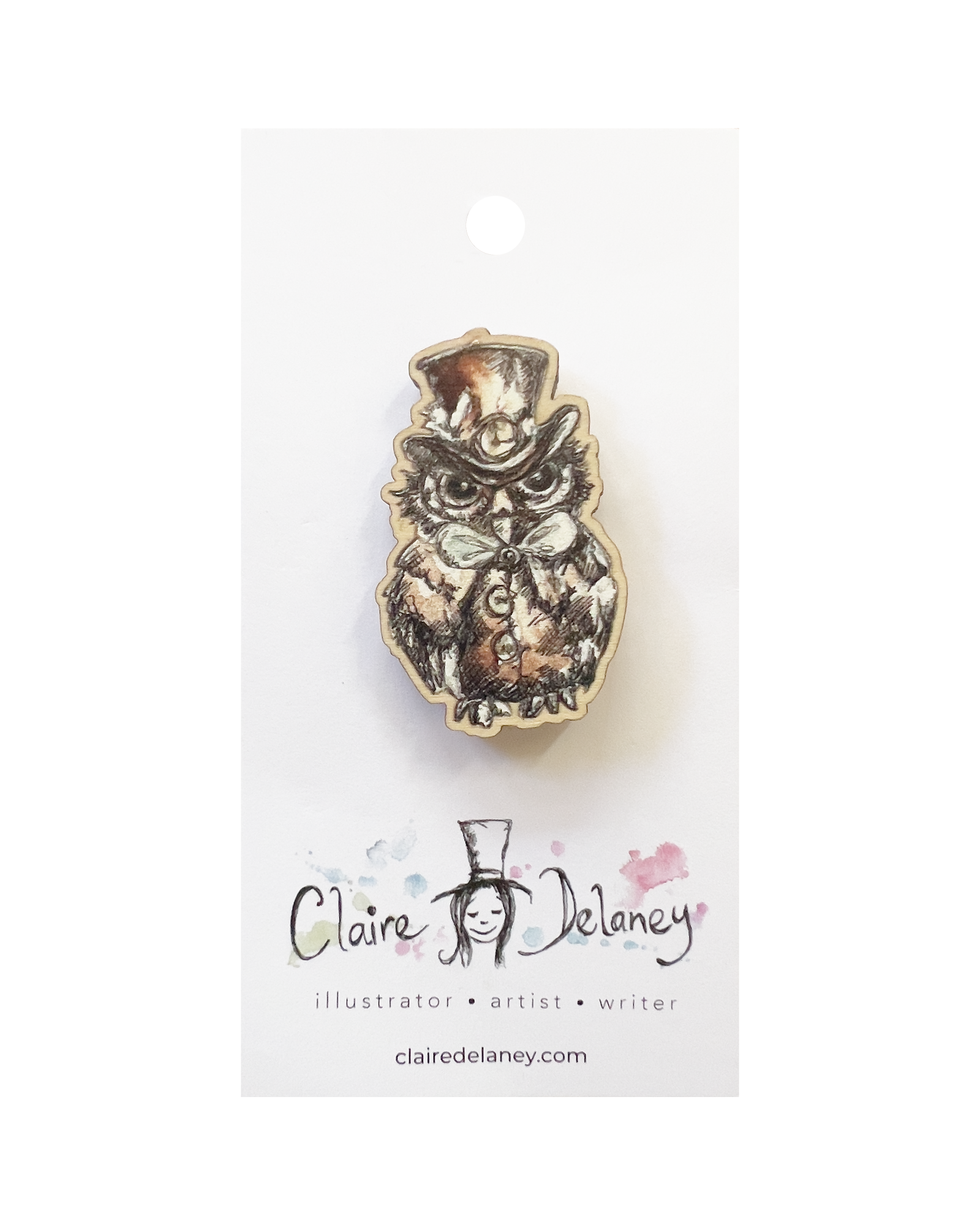 Owl Wooden Pin Badge featuring Claire Delaney artwork on its display card
