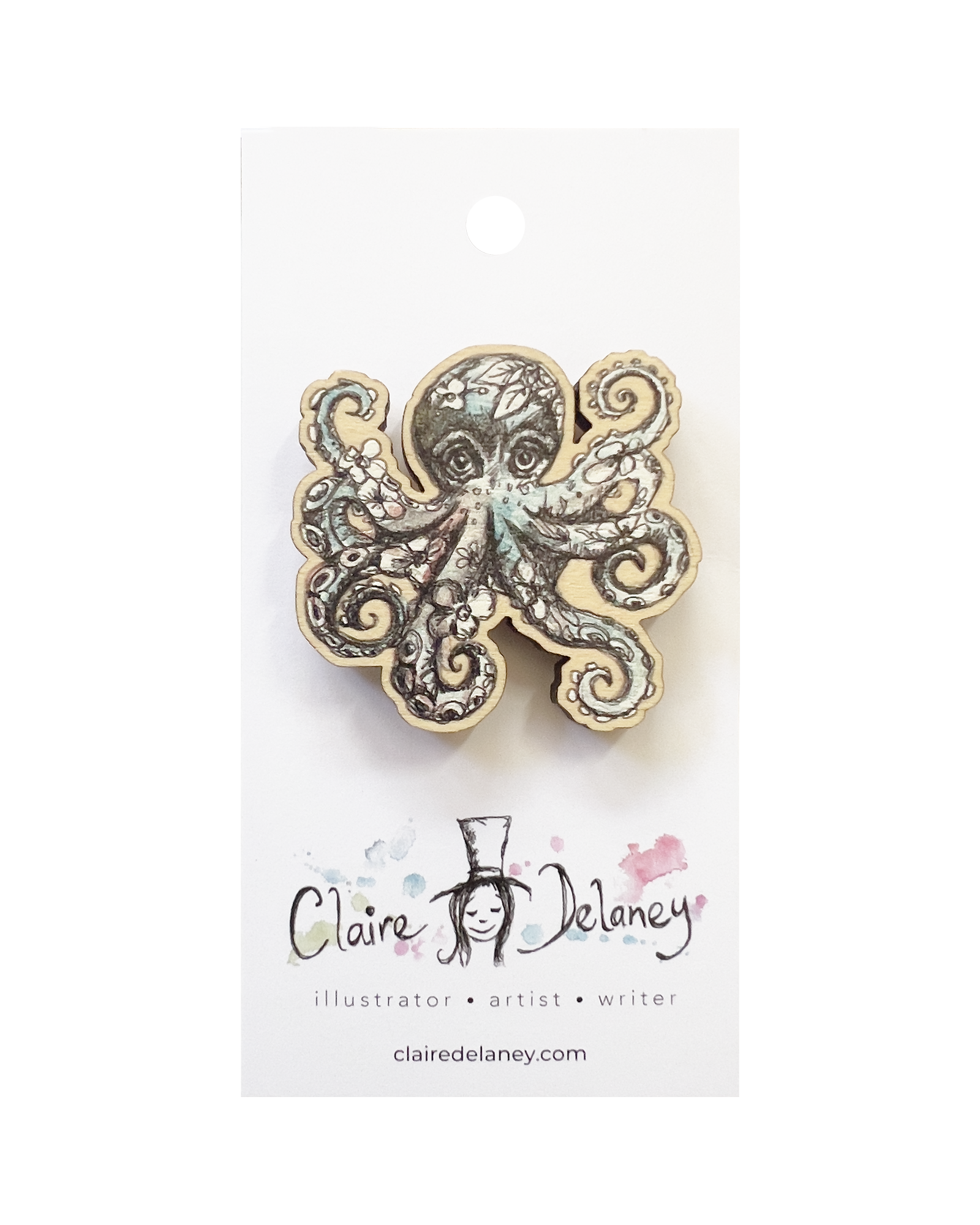 Octopus Wooden Pin Badge featuring Claire Delaney artwork on its display card