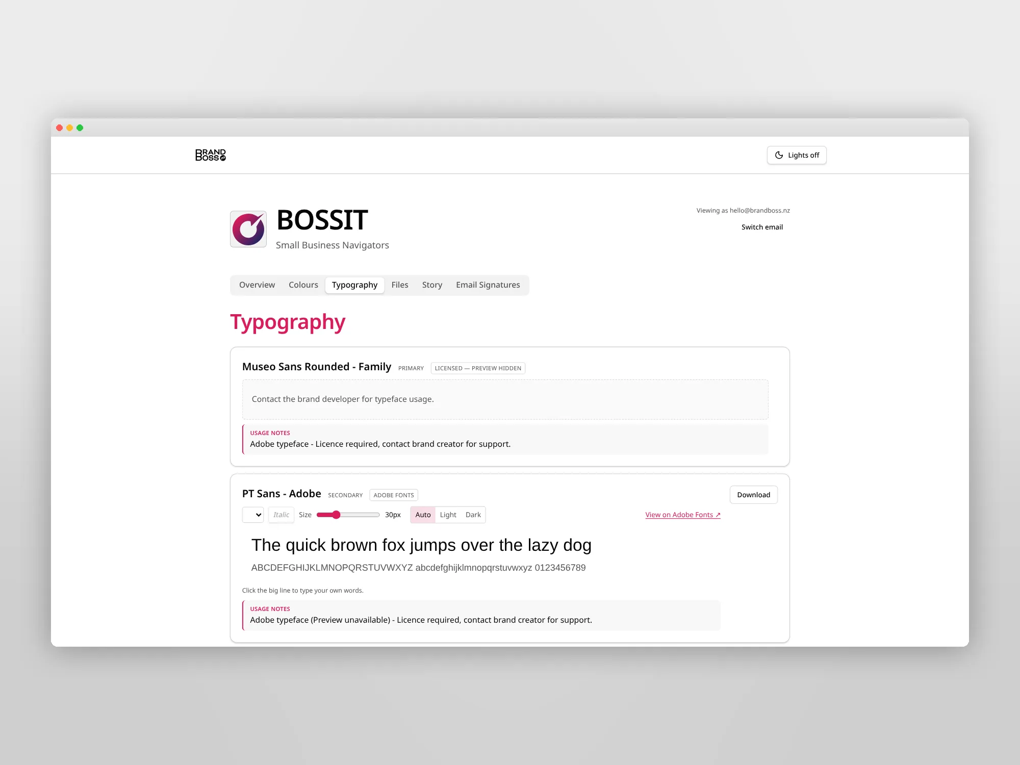 Brand typography. Viewing and access
